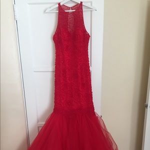 SHERRI HILL Red Halter Mermaid Dress with Tulle